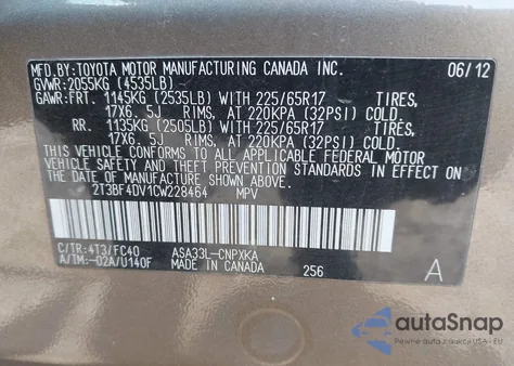 2012 Toyota Rav4 from USA, damaged, VIN 2T3BF4DV1CW228464